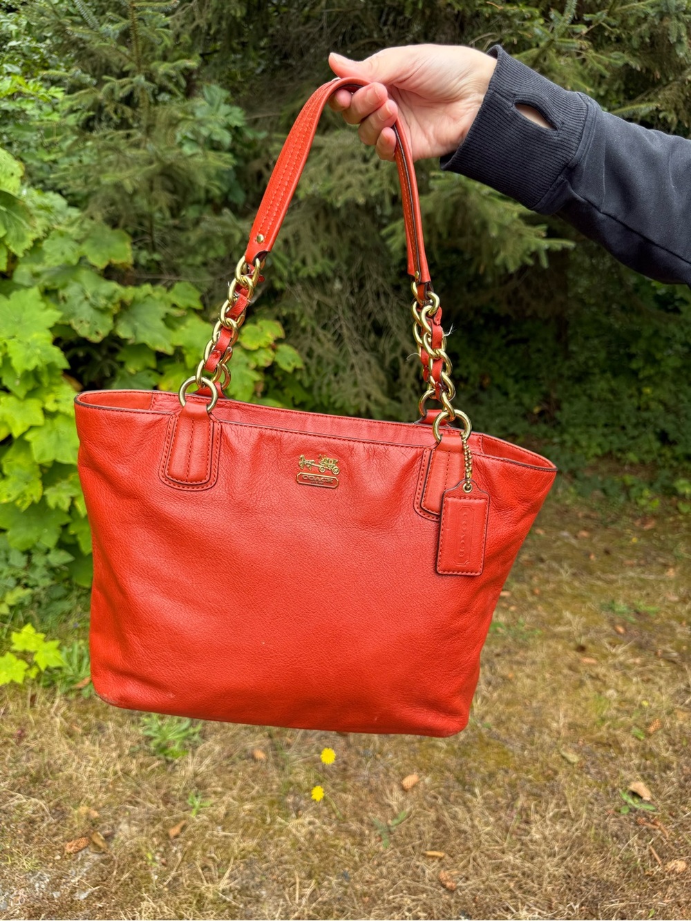 Coach orange Madison leather chain tote #20466